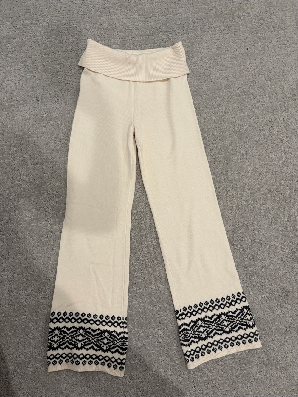 Cream Knit Fold-Over Waist Pants with Black Fair Isle Trim